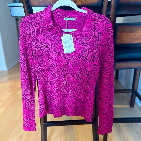 Zara Geometric Jacquard Shirt in Magenta/Black - Size M *New with tags* - Picture 1 of 11